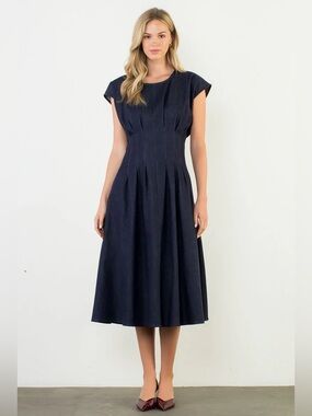 THML Cecile Cap Sleeve Pleated Denim Midi Dress Medium